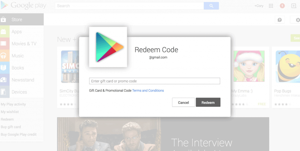 redeem Google Play Store promo code