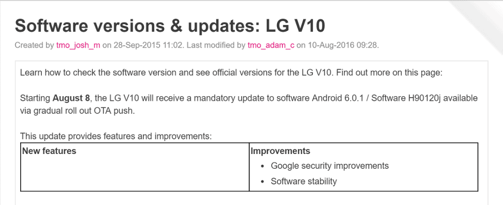 new LG V10 update